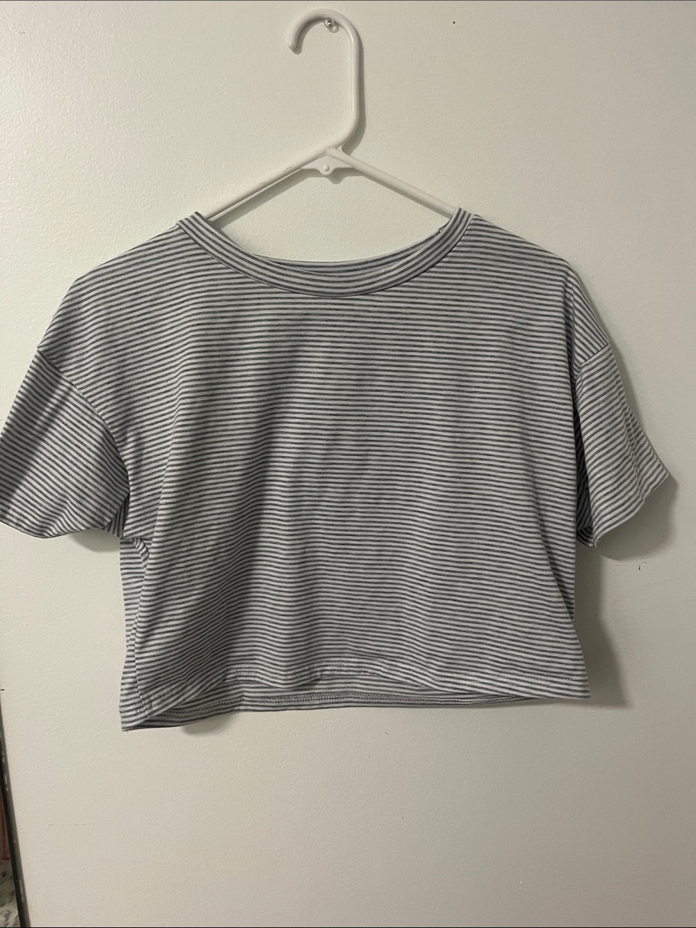 Striped Short-Sleeve Crop Top in Gray and White